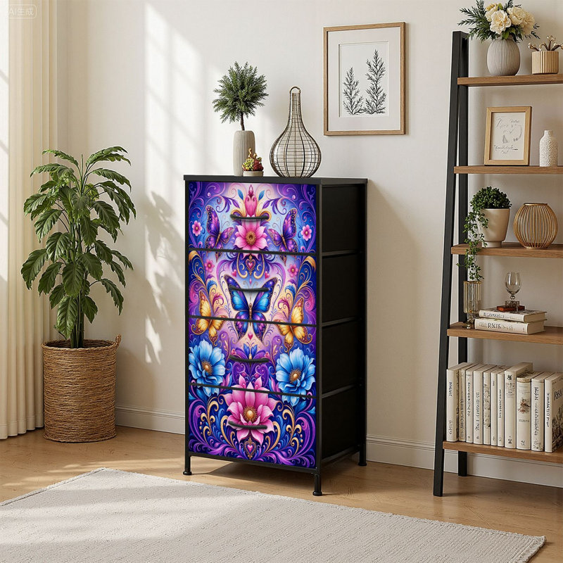 Commode de rangement verticale à 4 tiroirs avec ornements tourbillonnants floraux colorés et couleurs vives avec tiroirs en bois