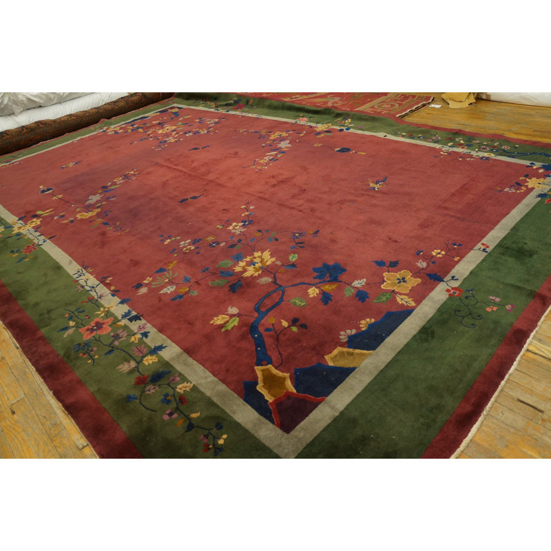 Large Hand Knotted Pile Wool Rectangle Antique 1920s Coral / Salmon Pink Rug