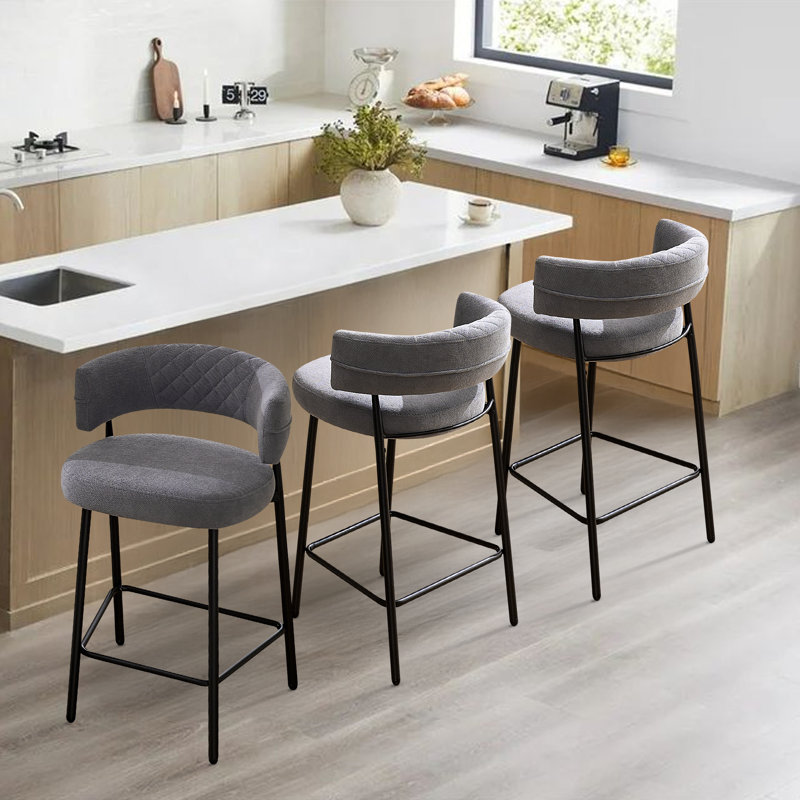 Modern Upholstered Bar Stool with Backrest Armrest, Grey