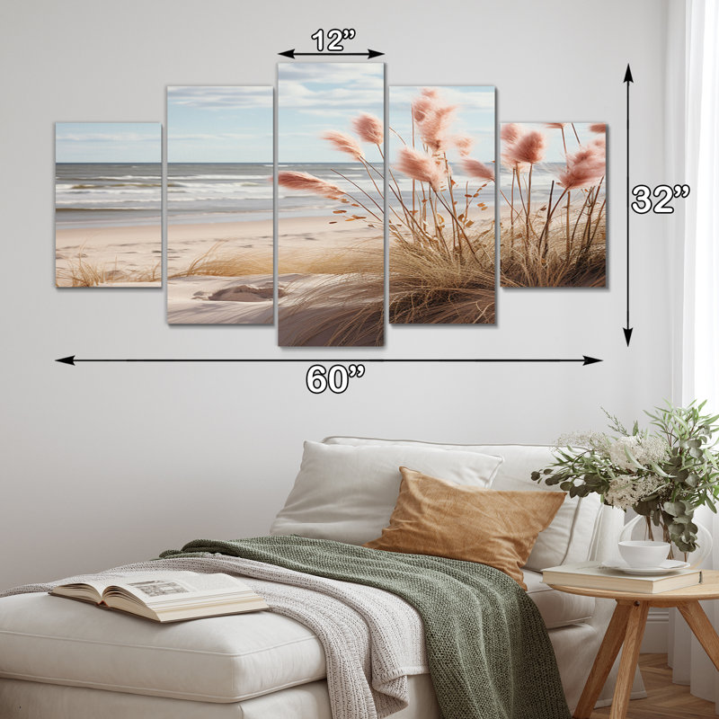 «Ocean Spring Bliss Tender Pastel Beach Grass IV», reproduction d'art mural plage - 5 panneaux