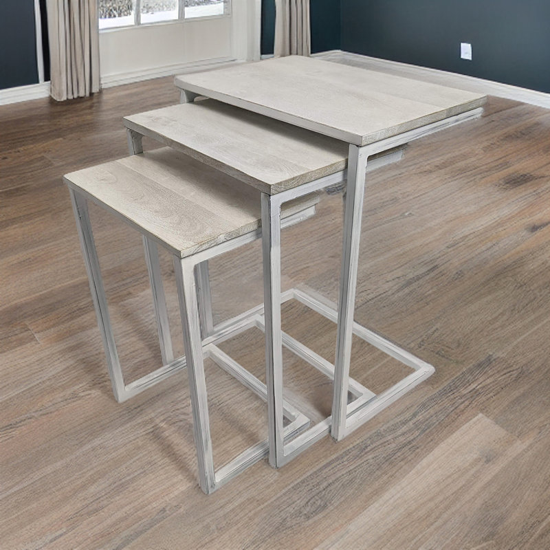 Ensemble de 3 tables gigognes en bois massif H 23,5 po x l 18 po Kendrik , Blanc délavé, Blanc délavé