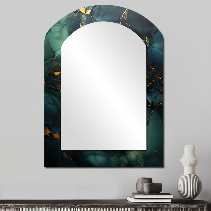 Gold and Green abstract marble design III - Marble Asymmetrical Large Mirror, Modern Arch Decorative Wall Mirror, Printed Metal Art