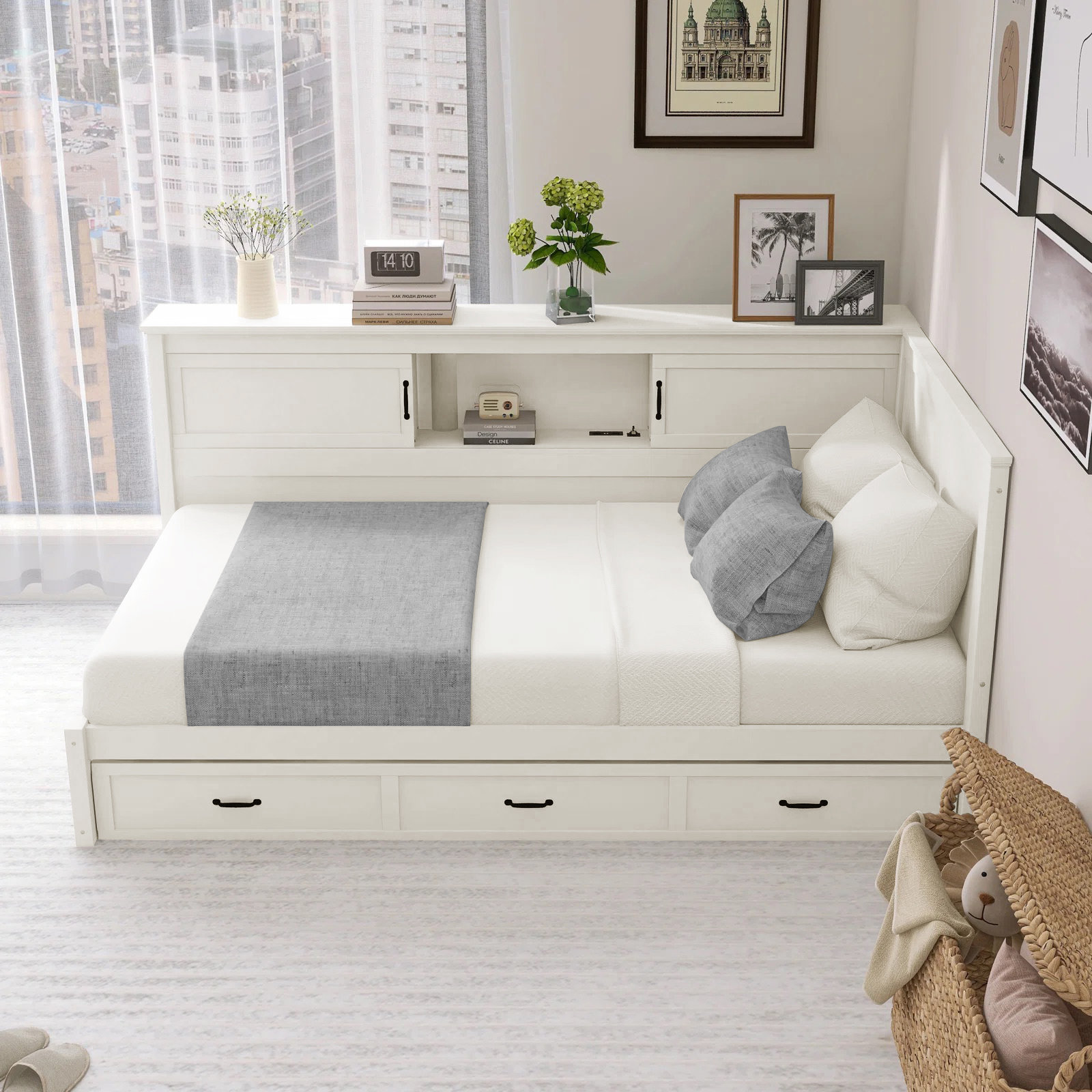 Red Barrel Studio® L-Shaped Corner Bed Frame With Drawer, Bookcase