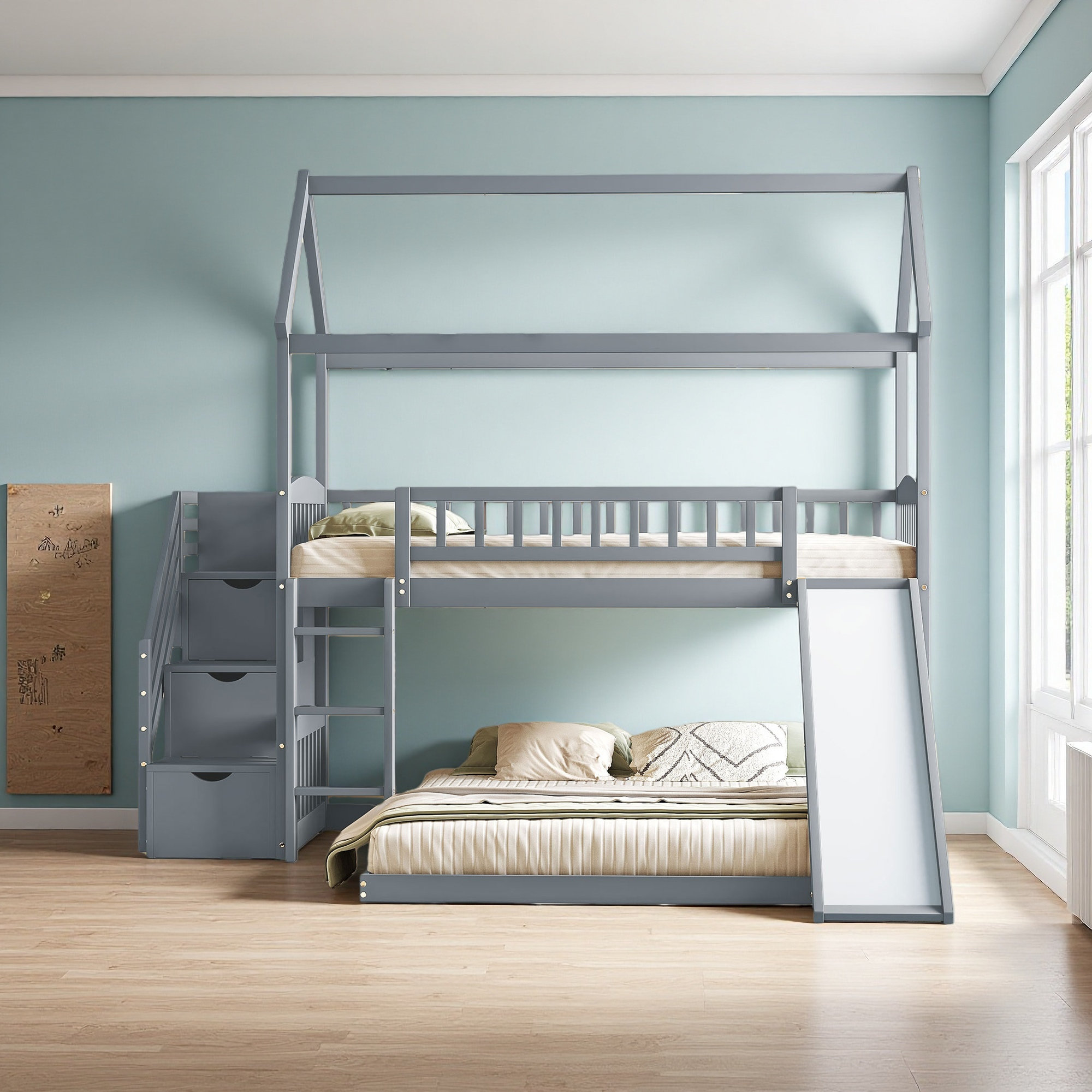 Harriet Bee Twin Over Full Bunk Bed With Slide, House Bed With Slide ...