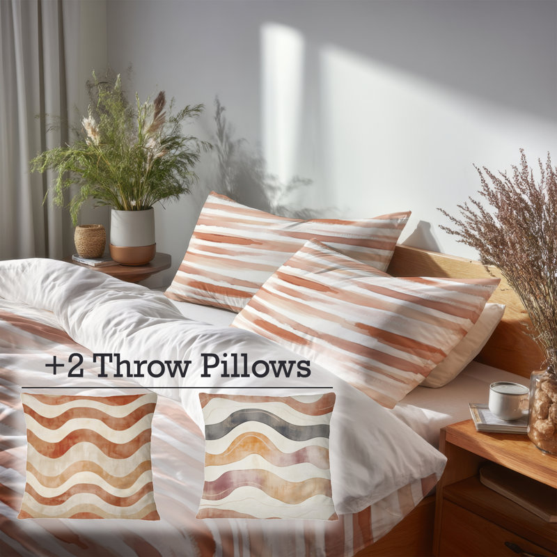 Ensemble de literie à motif abstrait 5 pièces - Ensemble de housse de couette et de coussin rayé brun Boho