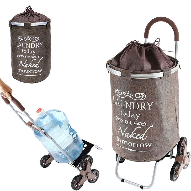 Stair Climber Laundry Trolley Dolly, Brown Laundry Bag Hamper Basket Cart with Wheels Sorter