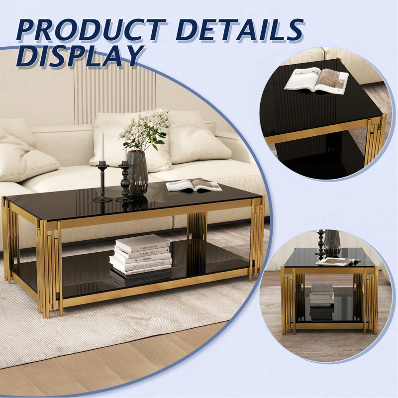 Table basse rectangulaire en verre doré de 47 po à double couche, table de salon moderne noire, plateau de table en verre trempé noir, pieds en acier inoxydable doré, convient aux salons et aux bureaux