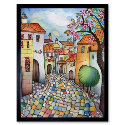 Village Cobbled Street Cherry Blossom Folk Art Artwork Framed Wall Art Print 9X7 Inch