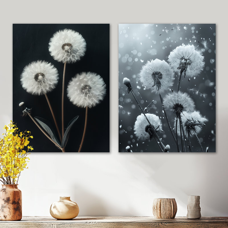 Elegant Dandelion Silhouette I - White Botanical, 32" H x 48" W