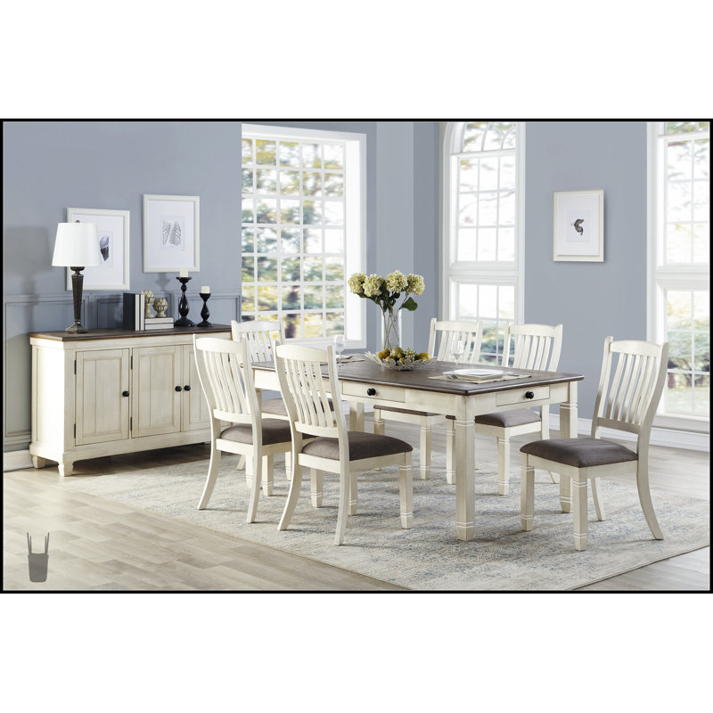 Ensemble de salle à manger 7 pièces à finition antique blanc antique avec 6 tiroirs et chaises d'appoint rembourrées pour une salle à manger élégante et pratique