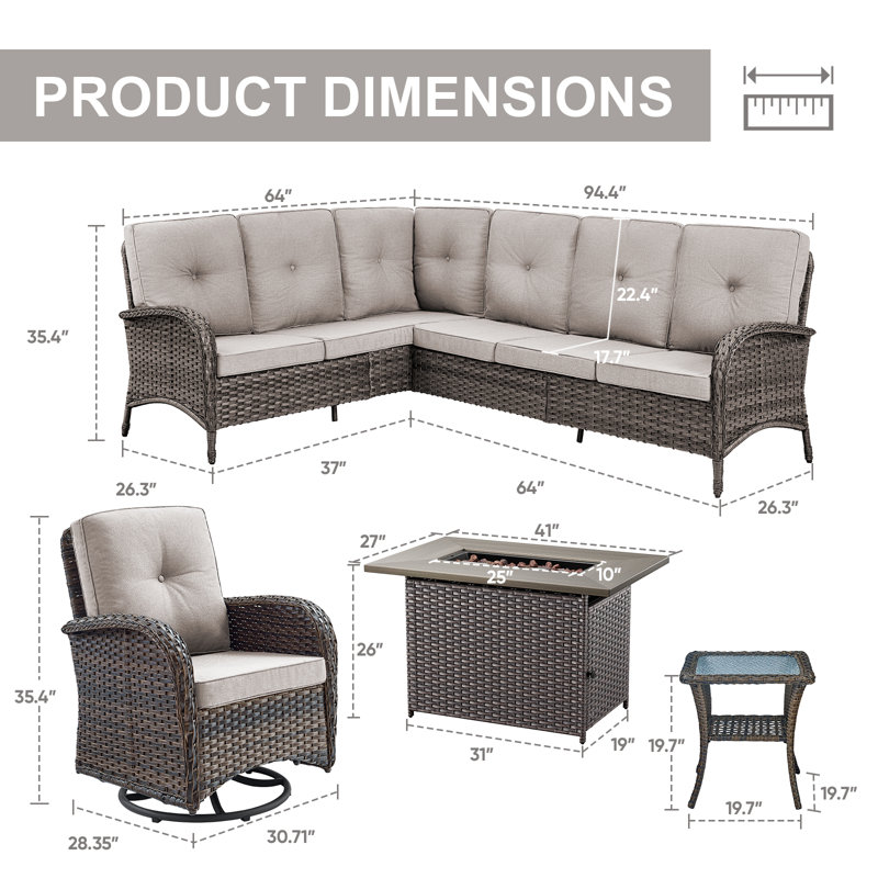 Gaetanino 8 - Person Outdoor Wicker Patio Sectional Seating Group With Cushions & 50,000 BTU Fire Pit, Beige