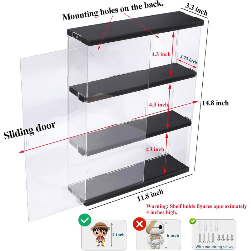 Acrylic Display Case Wall Mounted Funko POP Shelves, Clear Collectibles Showcase Display Cabinet With Sliding Door For Lego Figure Dustproof Hot Wheels Storage Box Black(11.8X3.3X14.8Inch)
