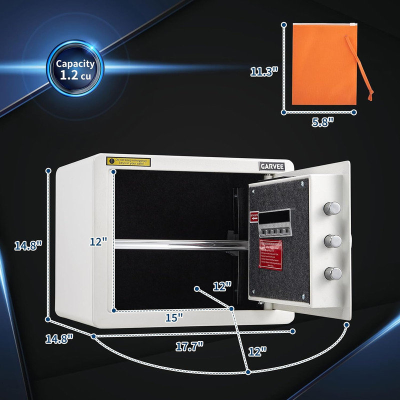 Coffre-fort ignifuge imperméable avec accès 4-en-1, verrou biométrique d'empreintes digitales, double alarme, lumière DEL et sac ignifuge pour objets de valeur