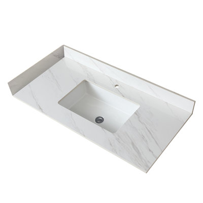 Plateau de meuble-lavabo 43 po - Pierre frittée blanche avec lavabo rectangulaire central et dosseret de 4 po 43 po