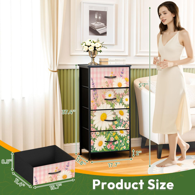 Petite commode à 4 tiroirs pour chambre à coucher avec commode à fleurs vichy rose et rose