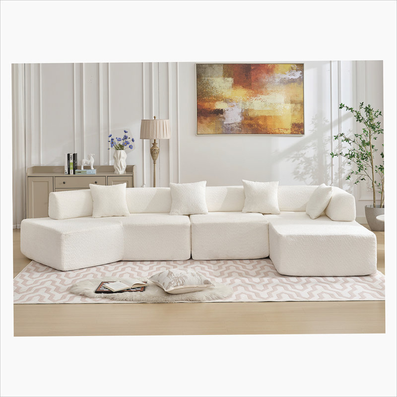 Canapé modulaire moderne en L de 140 po, sans assemblage requis, canapé modulaire Boucle, Polyester blanc