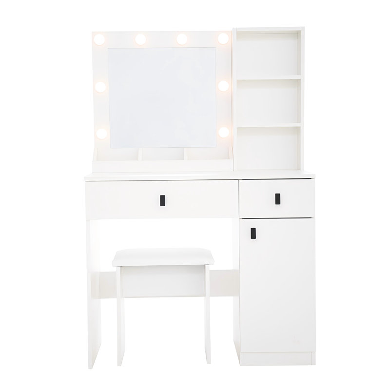 Meuble-lavabo de chambre à coucher avec beaucoup de rangement et de lumières - Miroir 2 tiroirs pour bureau blanc moderne à 2 tiroirs