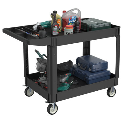 550lbs Utility Cart With Wheels, Heavy Duty Rolling Service Cart, Plastic Tools Cart On Wheels, 2 Shelf Tool Cart For Warehouse,garage, Cleaning