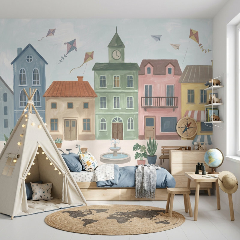 Murale de bicyclette Whimsical Town, 160 po x 108 po, Peler et coller