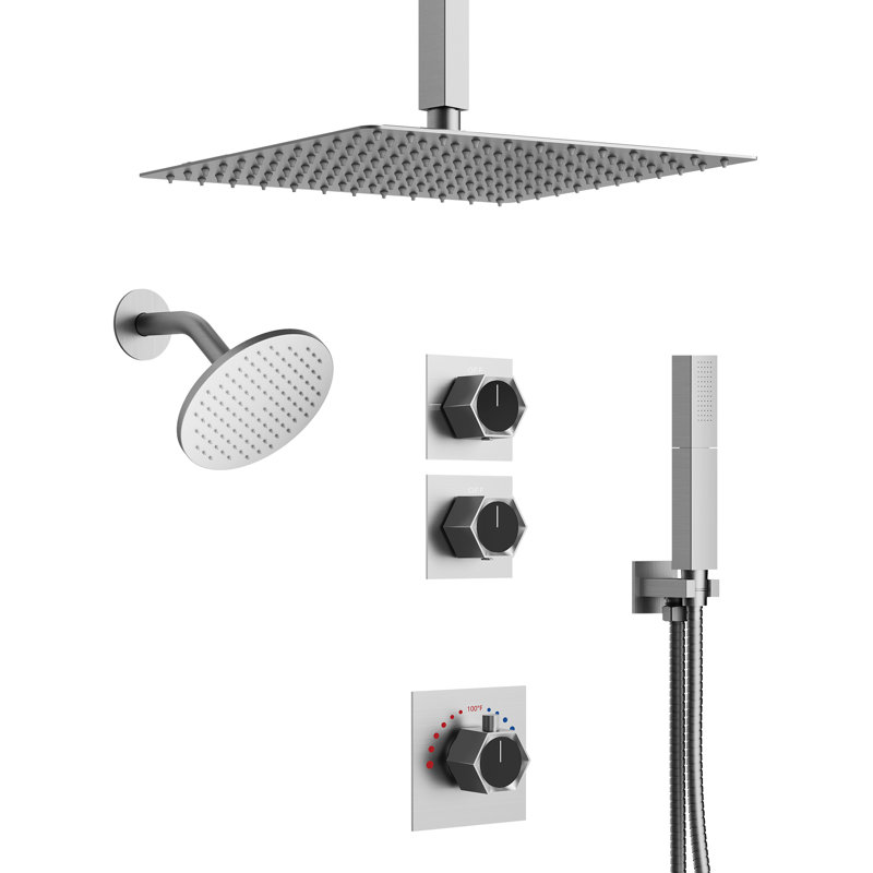  Système de douche thermostatique double avec douchette à main 12 po., Nickel brossé