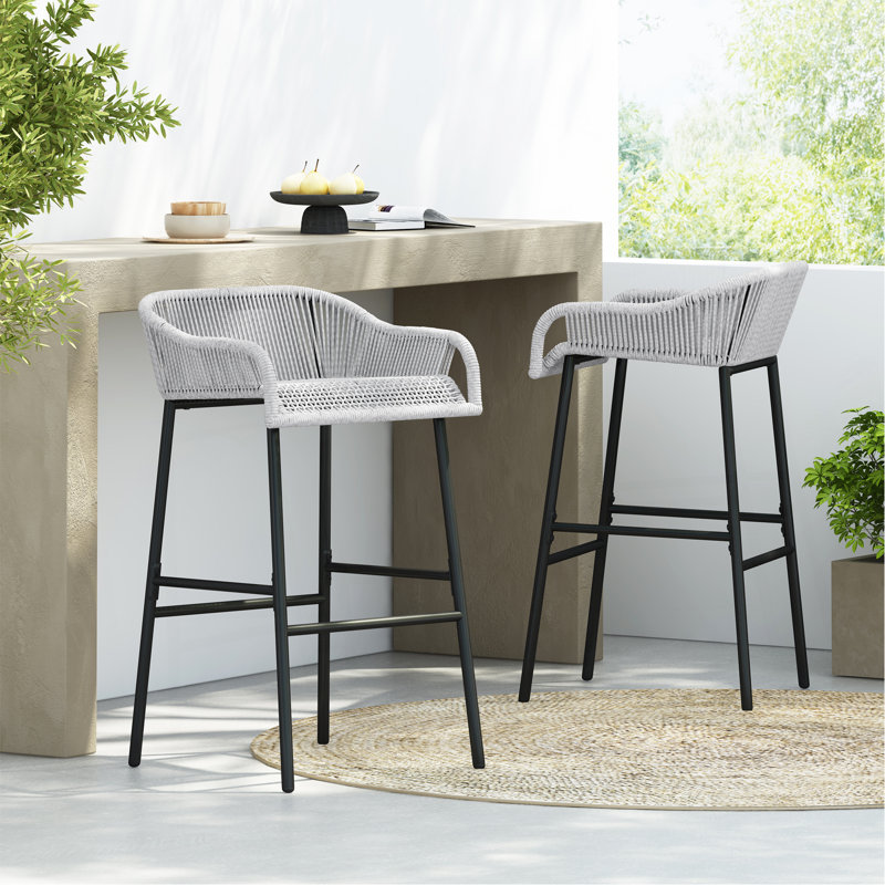 Tabouret de bar d'extérieur en corde gris clair, ensemble de 2