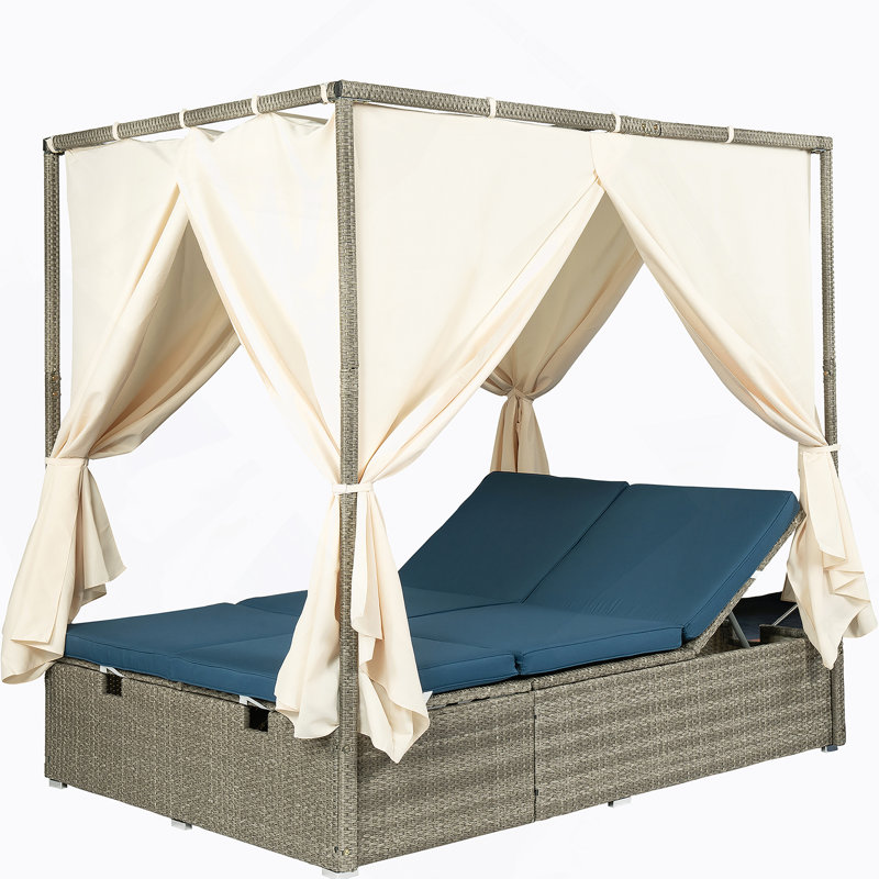 Adjustable Sun Bed With Curtain,High Com Fort,With 3 Colors, Blue Cushion/Brown Frame