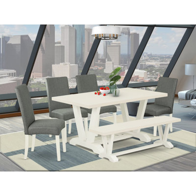 6 Piece Dining Table Set Contains a Rectangle Dining Room Table with V-Legs and 4 Gray Linen Fabric Upholstered Chairs with a Bench, Wire Brushed Linen White 