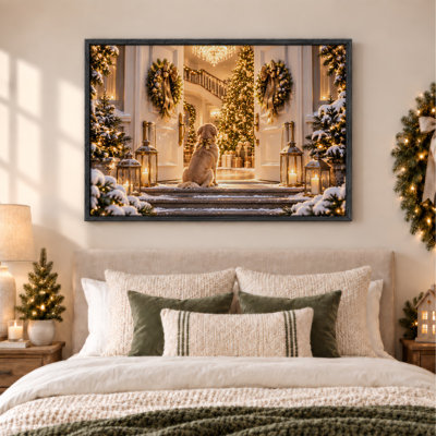 Golden Retriever Sitting On Snowy Steps Looking Christmas Canvas Wall Art