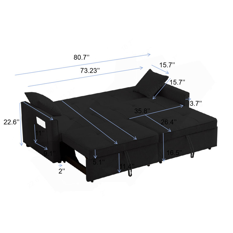 3 In 1 Convertible Sleeper Sofa Bed, Modern Fabric Loveseat Futon Sofa Couch Pullout Bed, Small Love Seat Lounge Sofa Reclining Backrest, Pillows, Pockets, Home Furniture For Living Room, Black