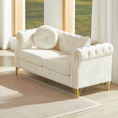 Canapé Chesterfield en velours de 60,5 pouces avec clous en cuivre et boutons capitonnés