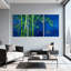 Ensemble de 3 tableaux sur toile tendue sur fond bleu bambou-604923183