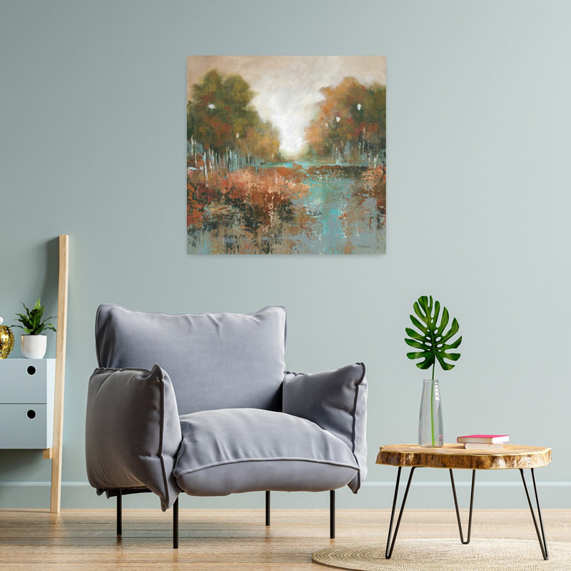 «Autumn Walk», art contemporain abstrait forêt paisible, H 24 po x l 24 po