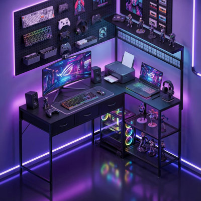 Bureau d'ordinateur de 50,4 po en forme de l avec prises de courant et lumières DEL, bureau réversible avec tablettes de rangement à 3 niveaux et tiroir, bureau de jeu en coin pour salle d'étude, salon