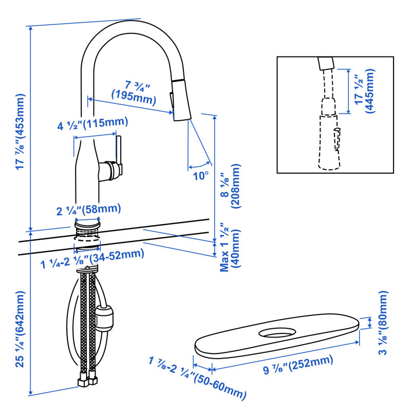 Robinet d'évier de cuisine à poignée grande arche en or brossé avec une douchette rétractable rétractable; robinet d'évier de cuisine à double fonction.