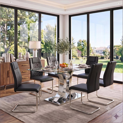 Ensemble de table de salle à manger de 63 po pour 6 personnes, table de cuisine et chaises avec plateau en verre trempé, base en métal en forme de X, chaises rembourrées à haut dossier pour la salle à manger et la cuisine