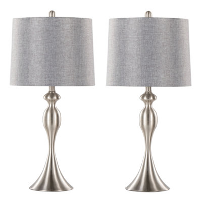 Set Of 2 Contemporary 27" Metal Table Lamps In Brushed Nickel With Grey Textured Linen Shades