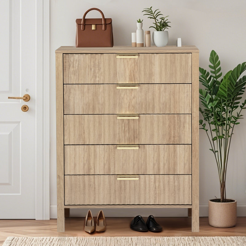 Fluted 5 Drawer Dresser, Wooden Chest of Drawers with Wide Metal Handles, Tall Storage Dresser Organizer with Curved Profile Design