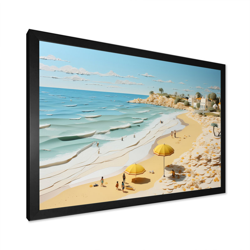Ambre Coastal Beachside Wanderer Papercut sur toile, H 16 po x l 32 po x P 1 po, Cadre simple noir