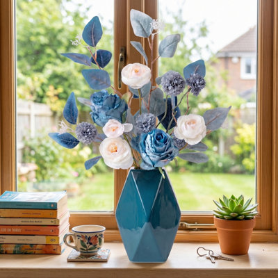 Artificial Flowers in Diamond Vase, All Seasons Boho Floral Bouquet Arrangement for Home Office Dining Table Decor