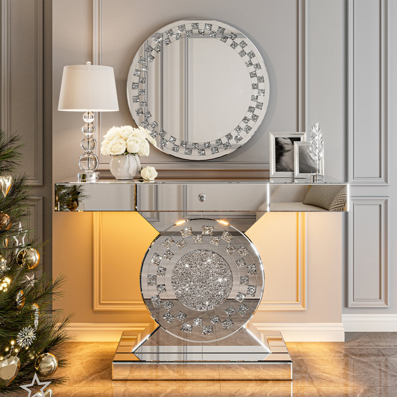 Mirrored Console Table With Led Light, 47.2'' Long Entryway Sofa Table With O-shaped Base, Modern Accent Narrow Table With Large Drawer For Living Room, Hallway, Foyer, Entrance