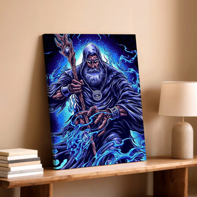 Magicien sorcier sorcier, reproduction d'art sur toile, œuvre d'art gothique bleu fantaisie pour salle de jeux, studio, bureau, chambre à coucher et décor de galerie alternatif, décor de maison moderne