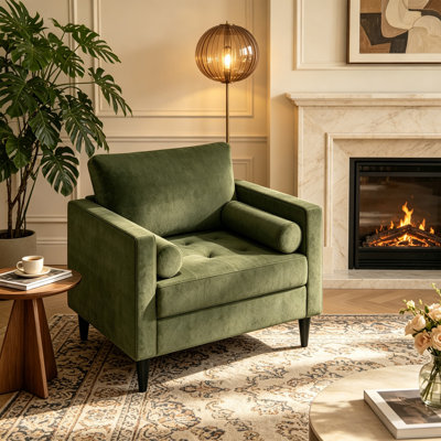 Velvet Square Arm Tufted Upholstered Armchair With 2 Bolster Throw Pillows