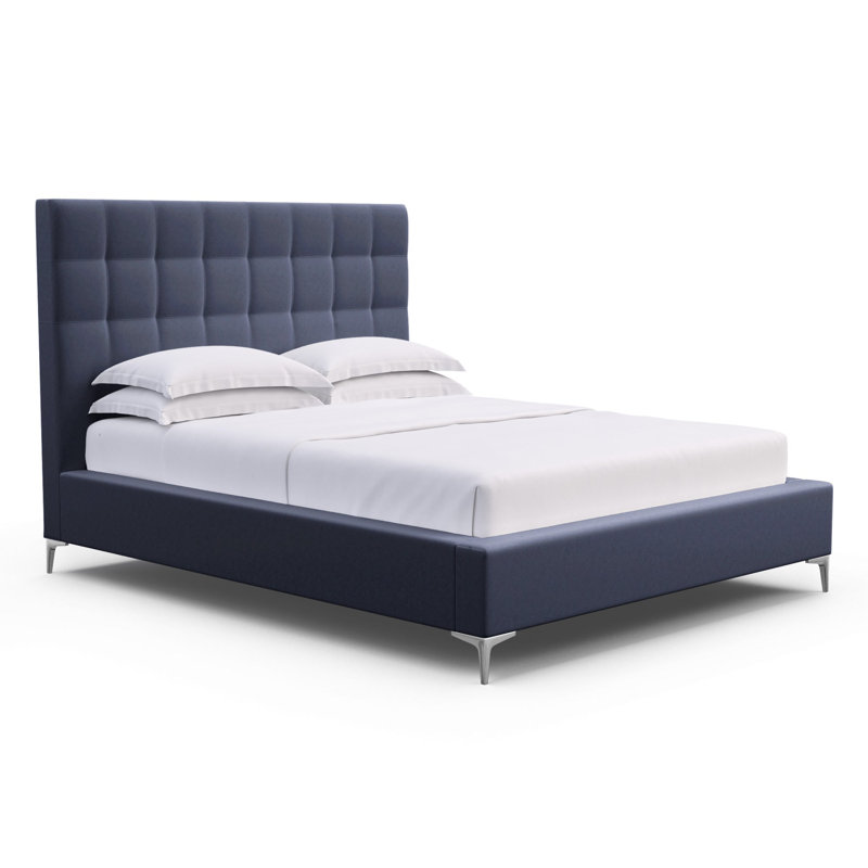 Lit tapissier à panneau Bryant, Très grand, Velours moelleux imprimé bleu, Ébène