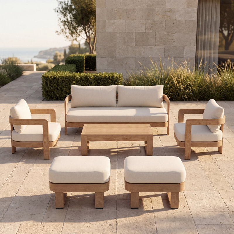 Assembly Free Sofa, Quick Assembly Coffee Table,Outdoor Aluminum Sofa Set, 6 Person Outdoor Seating Sofa, Wood Grain Veneer Sofa Set for Patio