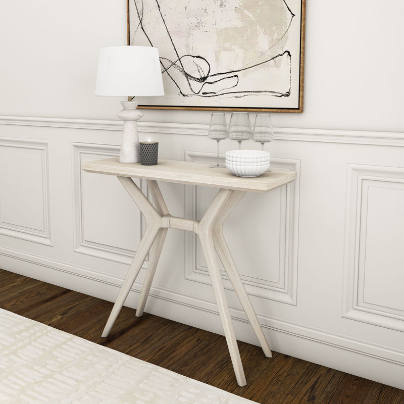 Muhsina Cross Leg 46 in. Entryway Console Table, White Sand Wirebrush, 32" H x 36" W x 12" D