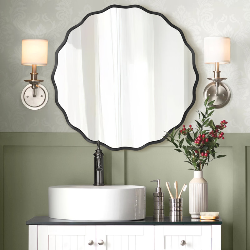 Scalloped Round Metal Wall Mirror, Black, 23.6" x 23.6"