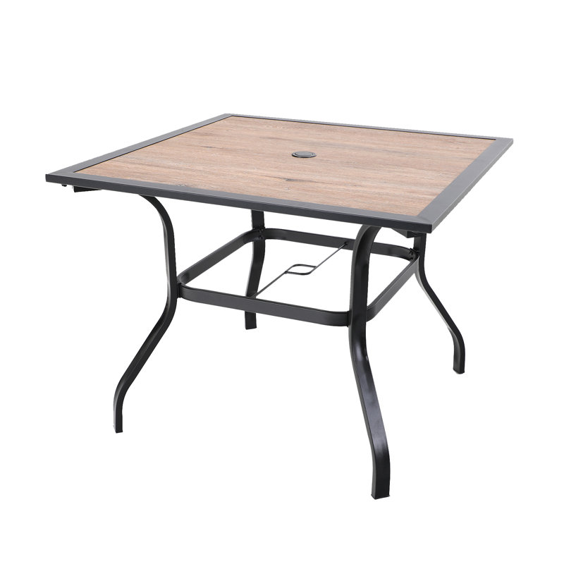 Leonard Square Metal Outdoor Dining Table With Umbrella Hole , 37'' in. W 37'' in. D, Wood-grain Imitation