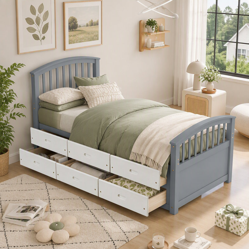 Wood Platform Bed Frame with Underbed Storage Drawers, Eco-Friendly Kids Bed Frame with Wood Slat Support, No Box Spring Needed Bedroom Furniture