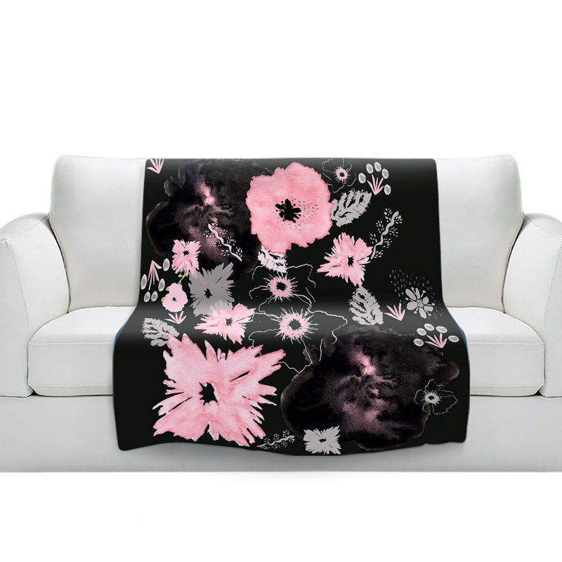 Couverture sherpa à fleurs noir rose, l 51 po x L 60 po