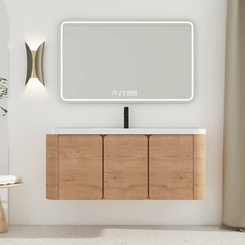 Meuble-lavabo mural de 122 cm (48 po) avec lavabo en résine et 3 portes à fermeture douce, design écologique et peu encombrant
